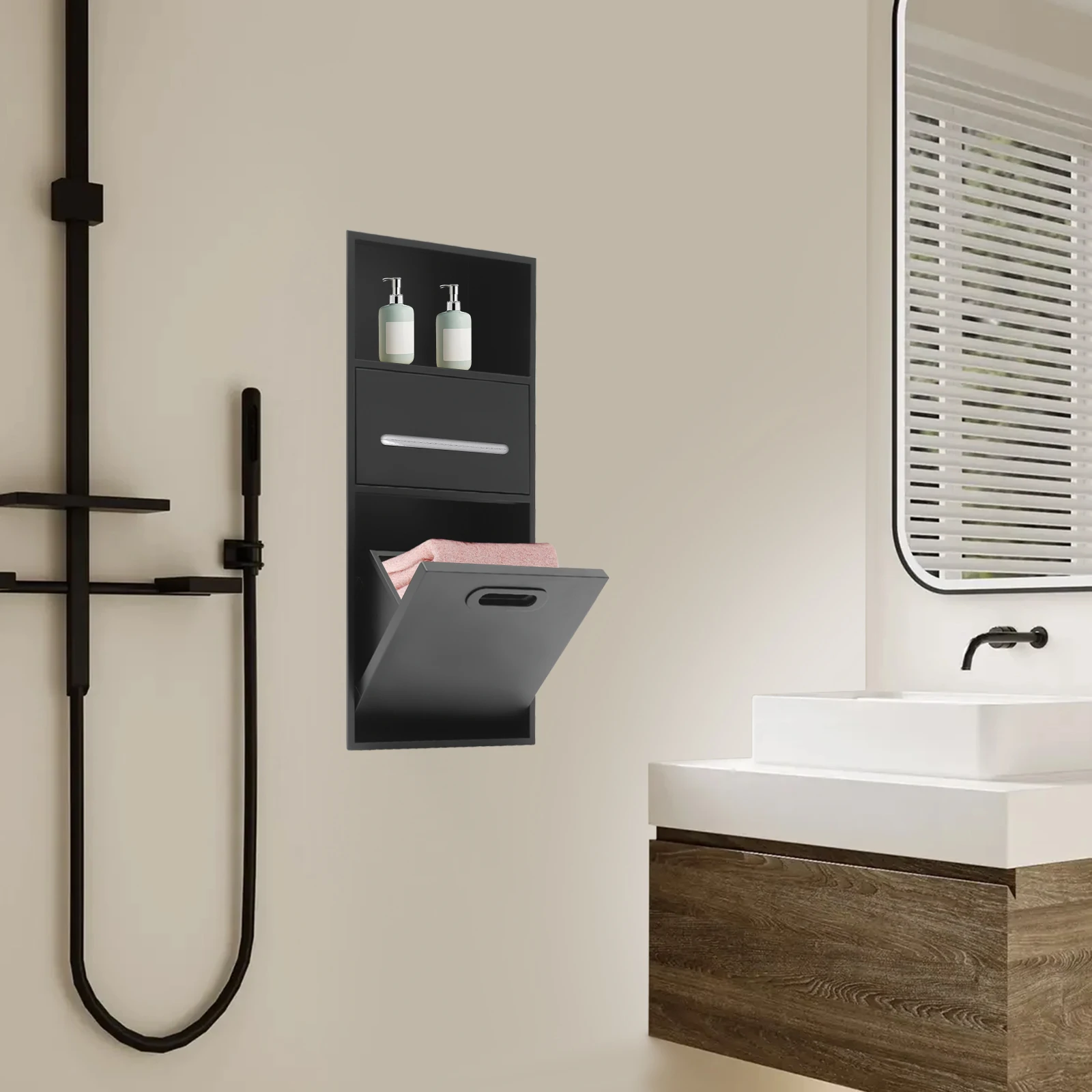 

Stainless Steel Shower Niche with Trash Can Stainless Recessed Storage Cabinet Black 26 * 11.8 No Tile Needed Wall Niche