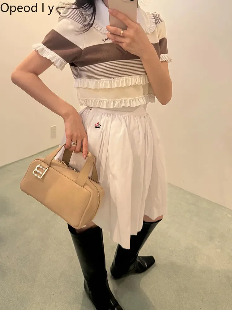 New 2026 Japanese Sweet Striped Ruffle Edge Knitted Women's Top Summer Doll Collar Fashion Girls Commuter Short-sleeved T-shirt