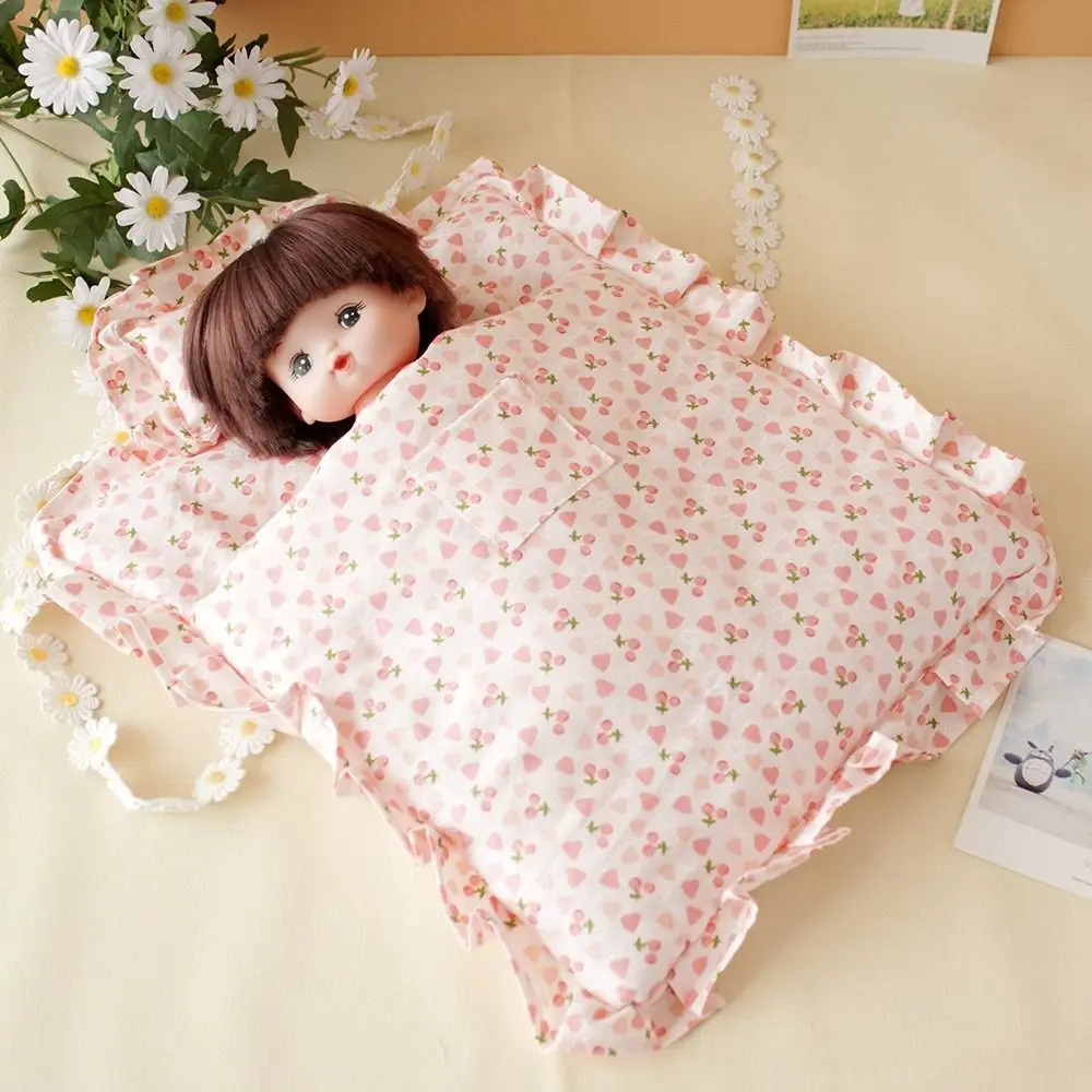 Adorável com travesseiro saco de dormir roupas quarto lençol em miniatura fingir jogar pano cama quatro peças acessórios para casa