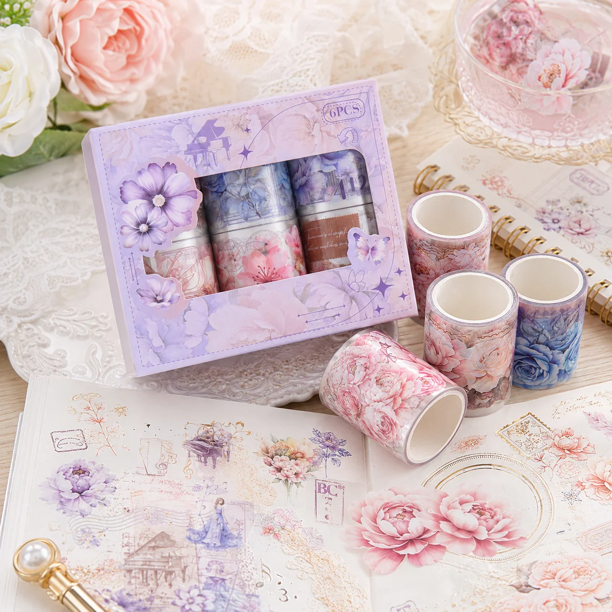 6 Rolls Floral Washi Tape Set Vintage Flower Decorative Tape Aesthetic Stationery for Journaling Scrapbooking DIY Art Crafts