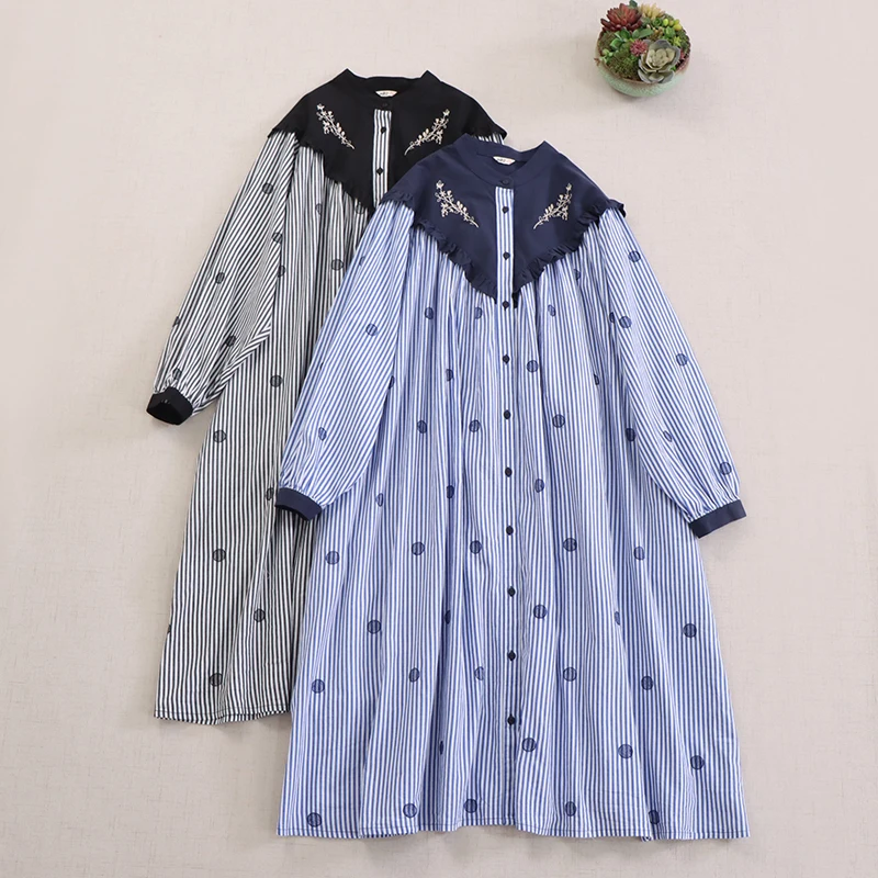

Spring New Japanese Vintage Mori Girl Polka Dot Striped Embroidery Patchwork Dress Women O-Neck Long Sleeve Casual Shirt Dress