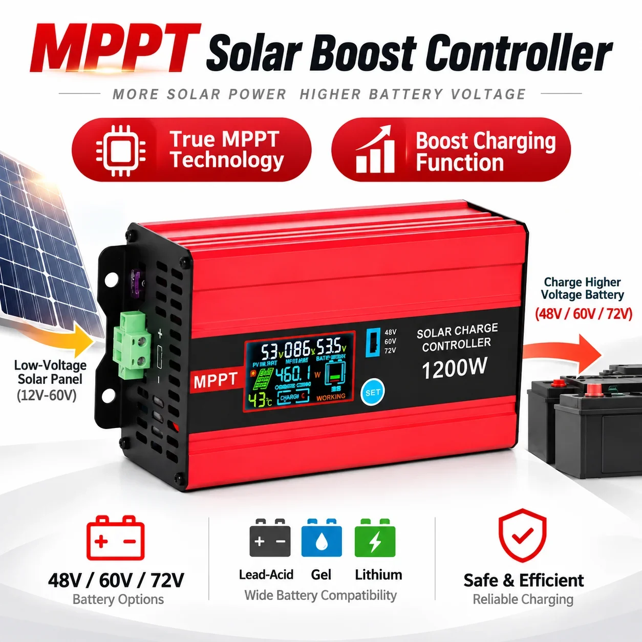 1200W True MPPT Solar Boost Charge Controller 600W 12-60V Input to 48V 60V 72V Battery for Lead Acid Gel Lithium