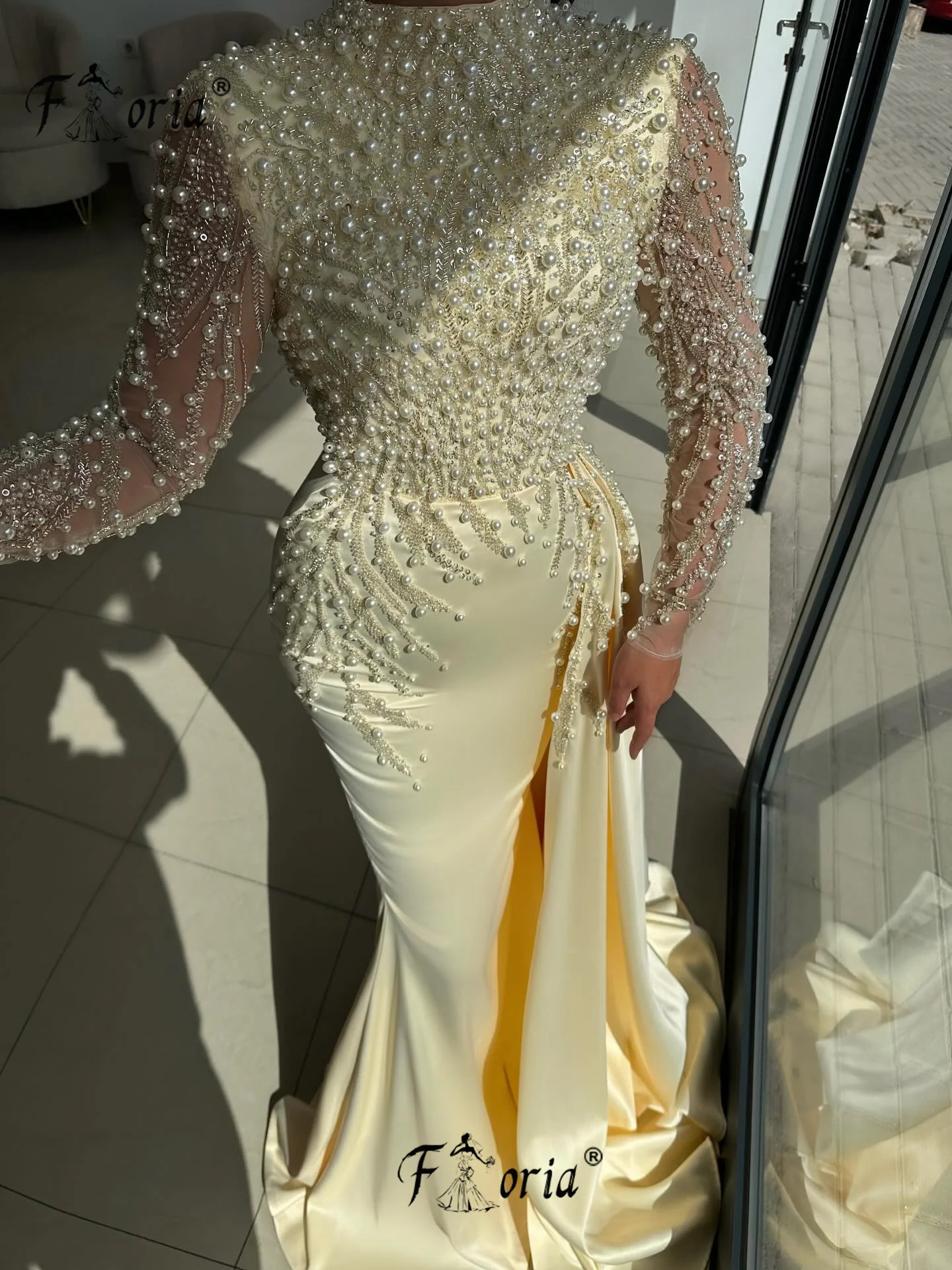 Elegant Pearl Beaded Mermaid Evening Dresses 2025 Middle East Long Sleeve Woman Prom Dress Muslim Wedding Guest Dress Customized