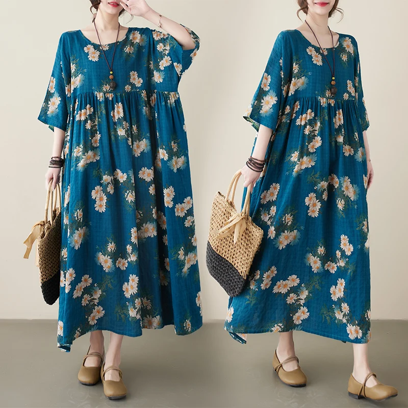 Été nouveau Sle rétro âge-défense maman d'âge moyen coton Dr ort Sve a-ligne jupe femmes Faion trajet taille ample