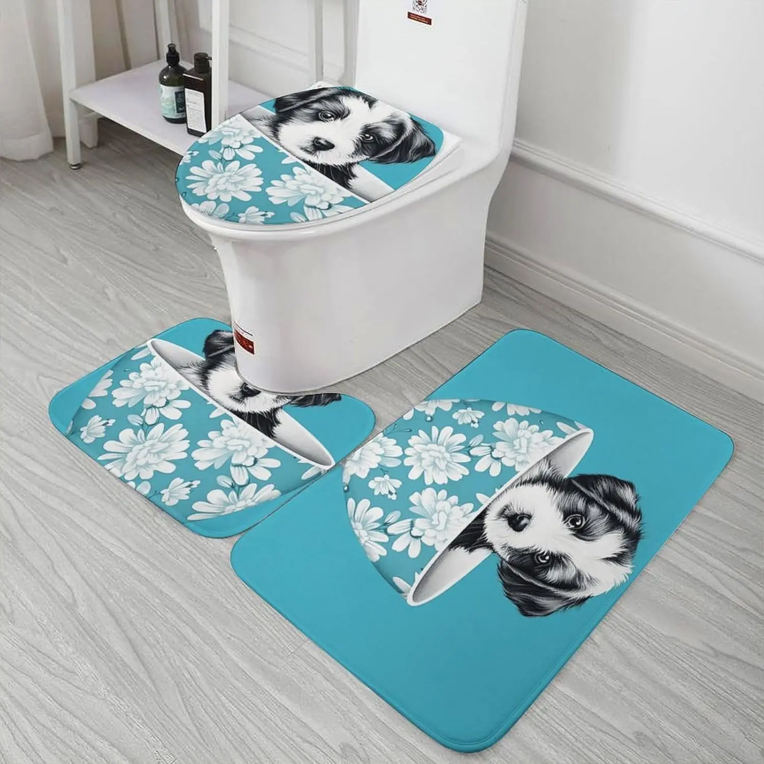 3 Piece Bath Rug Set Non Slip Absorbent Bath Mat Contour Mat with Toilet Lid Cover Puppy in Cup Soft Floor Mats for Bathroom