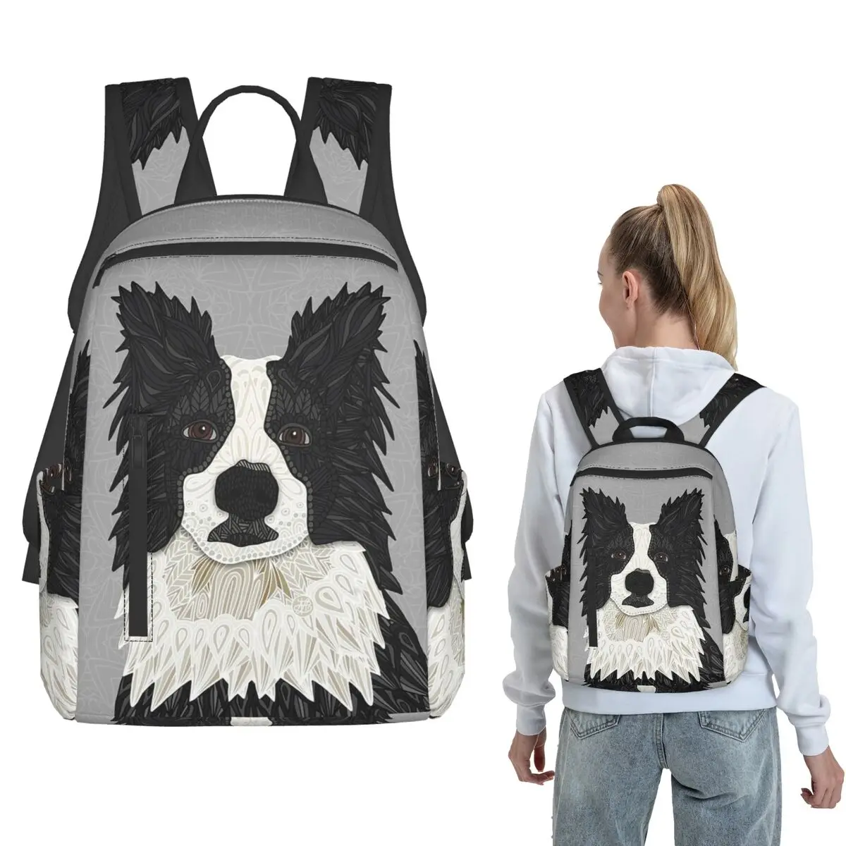 Beautiful Black Border Collie Backpack Large Capacity Boys Girls BookBag School Bag Shoulder Bags for Men Women
