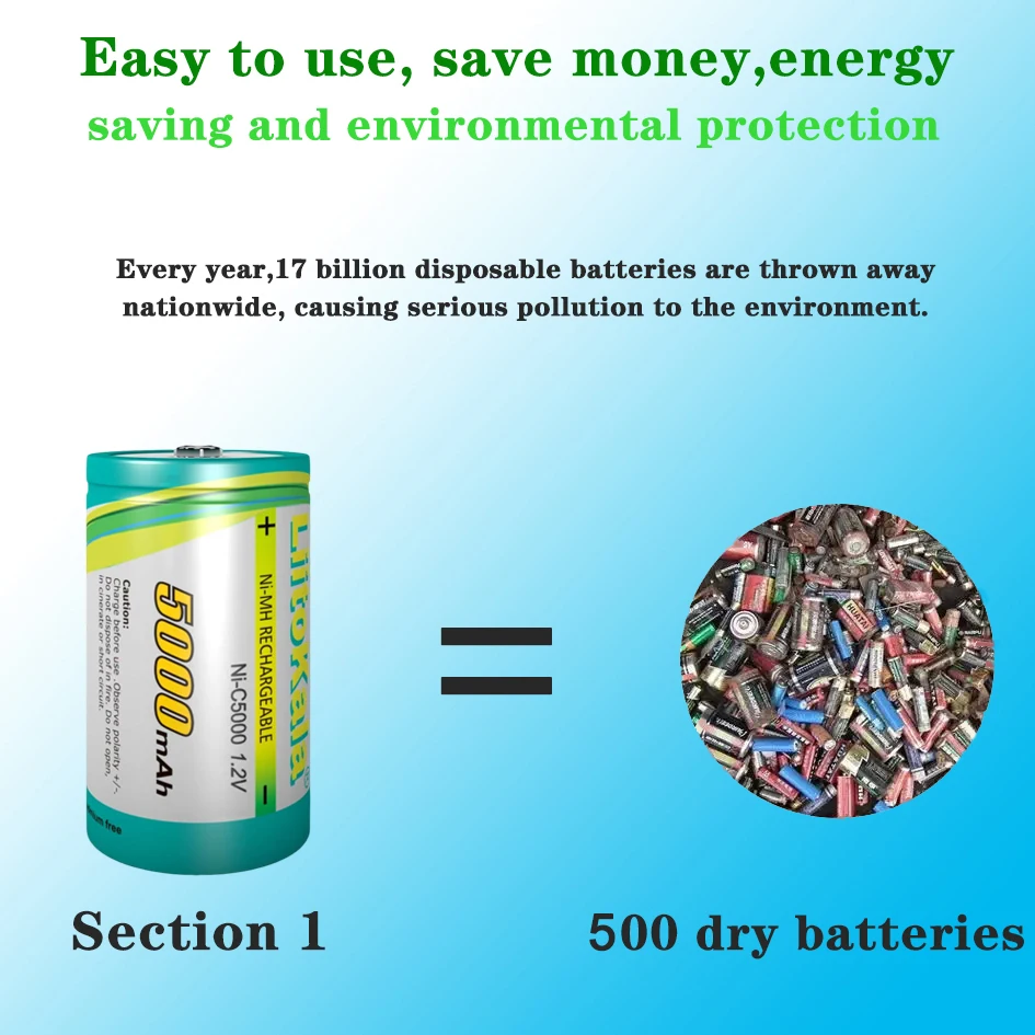 1-40 Uds LiitoKala Ni-C5000 1,2 V 5000mAh tamaño C batería 5000mAh NiMH baterías recargables para 1000 veces recargadas