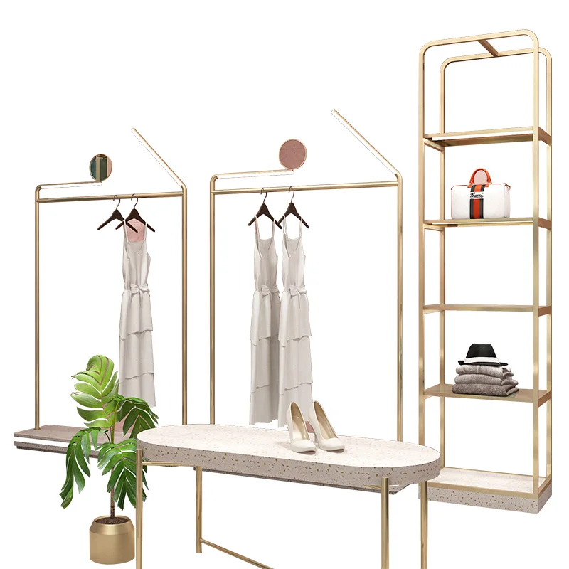 Luxury Store Fixtures Gold Clothing Display Stand Led Light Clothes Rack With Marble Finish Base