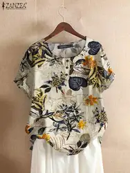 ZANZEA Tunic Cotton Chemise Women Summer Floral Printed Short Sleeve Blouses Holiday Tops 2023 Causal Loose Shirt