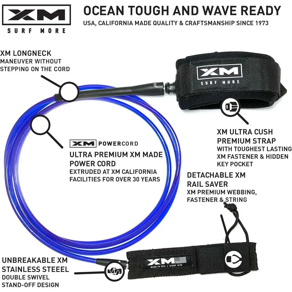 Universal Surfboard Leash for 8-12ft Boards, Thick Cord (0.270 in), Maneuverable, Key Keyhole, Durable Swivel, Detachable Railsa