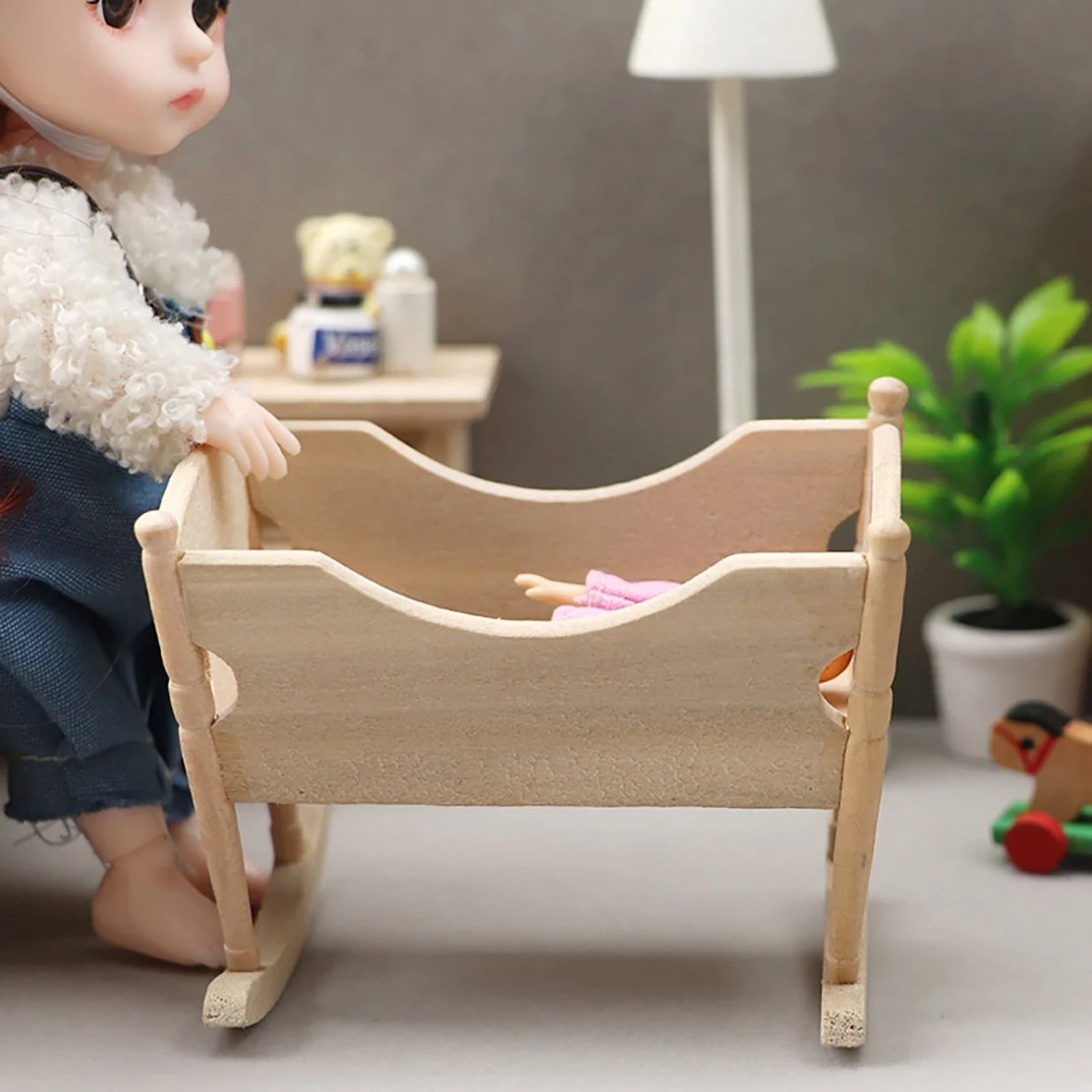 1:12 DollHouse Miniature Wooden Nursery Cradle Baby Crib Doll Furniture Baby Bed Kids Toys