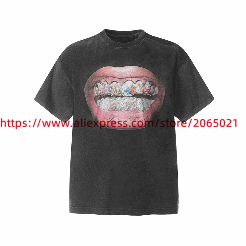 Washed SAINT T-shirt Men Women Streetwear Vintage Teeth Mouth Print T Shirt Top Tees