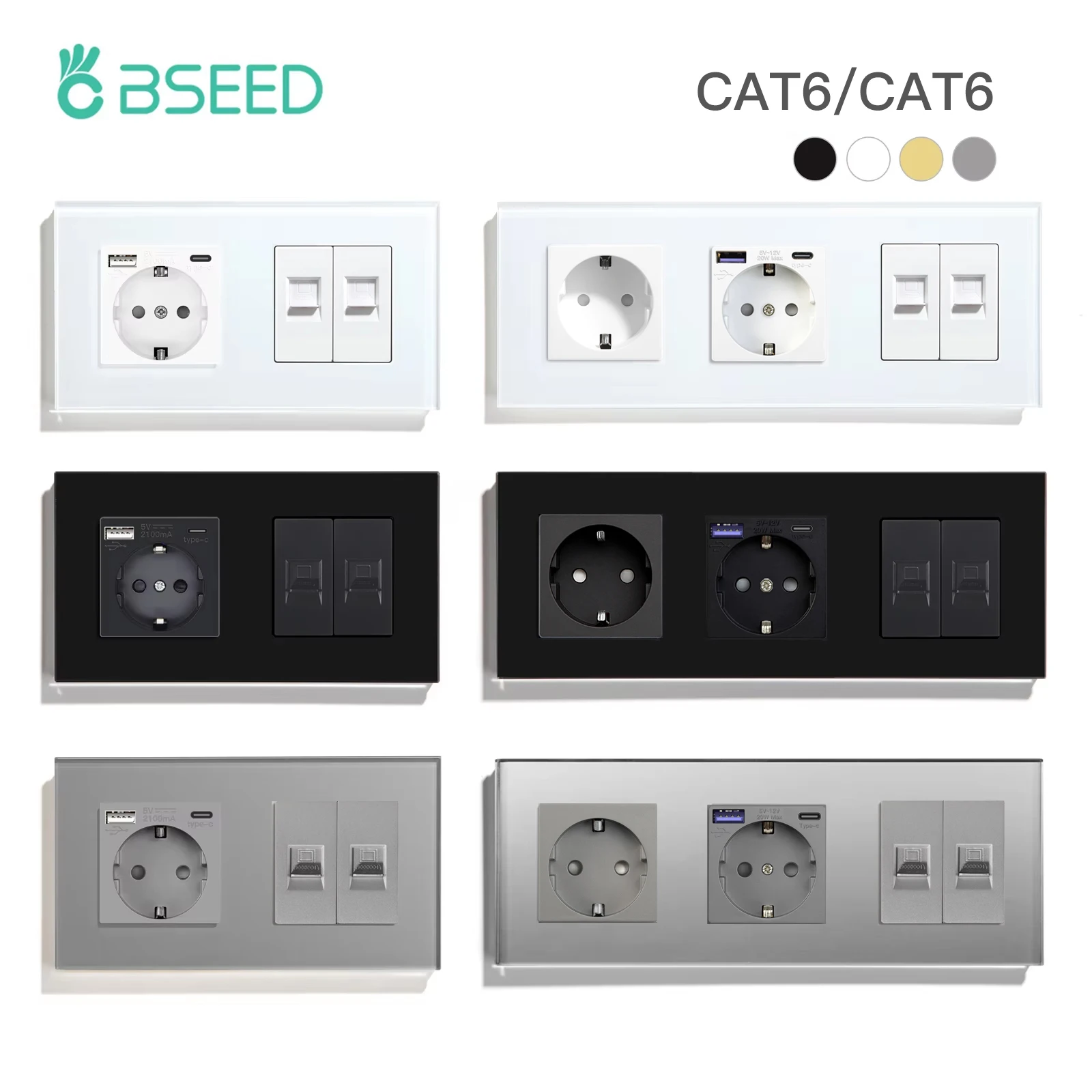 

BSEED EU Type-c USB socket Plus Dual Internet Sockets CAT6 Data Computer Wall Plugs Crystal Glass Frames