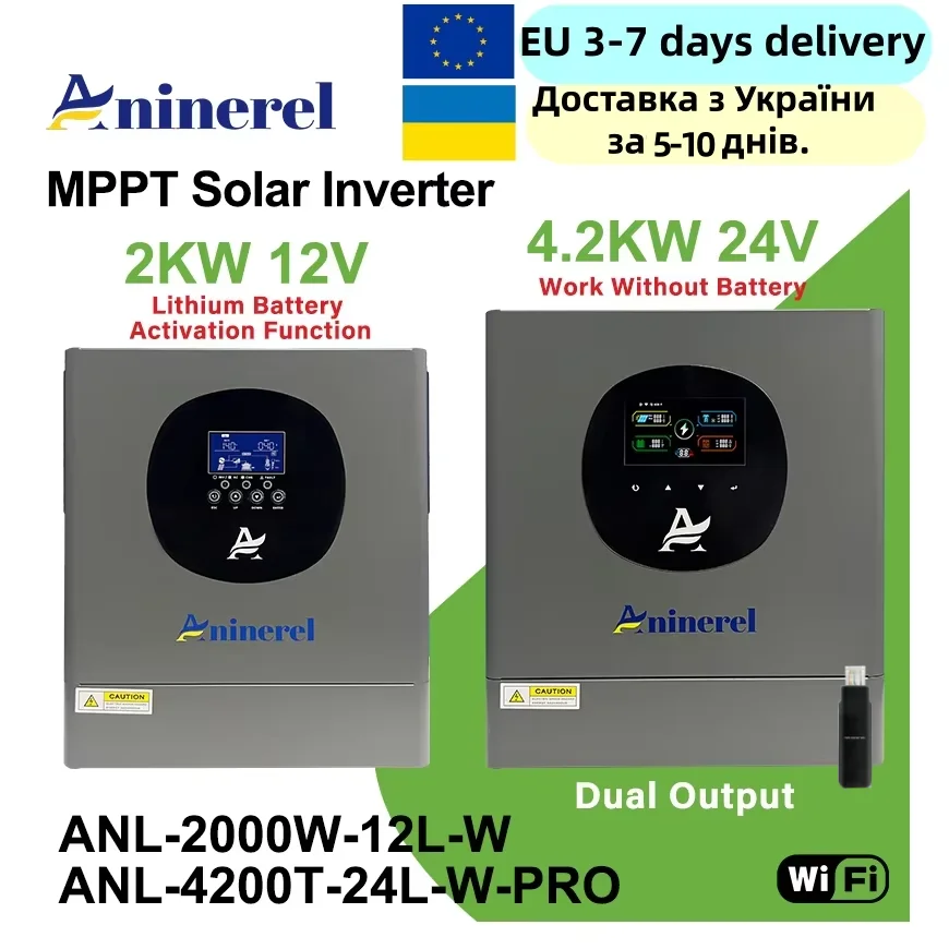 Aninerel 2KW-12V 4.2KW-24V Hybrid Solar Inverter 230V On+Off Grid Pure Sine Wave Inverter MPPT Solar Charger PV 60-500VDC WIFI