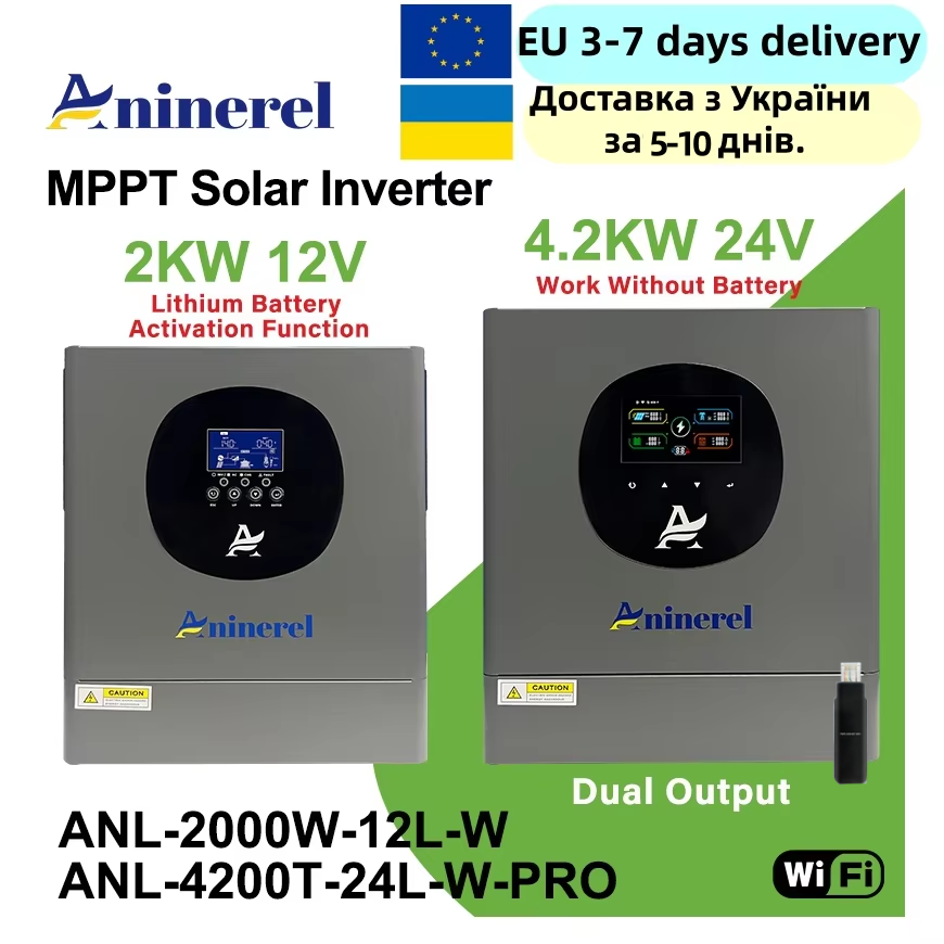  Aninerel 2KW-12V 4.2KW-24V Hybrid Solar Inverter 230V On+Off Grid Pure Sine Wave Inverter MPPT Solar Charger PV 60-500VDC WIFI 