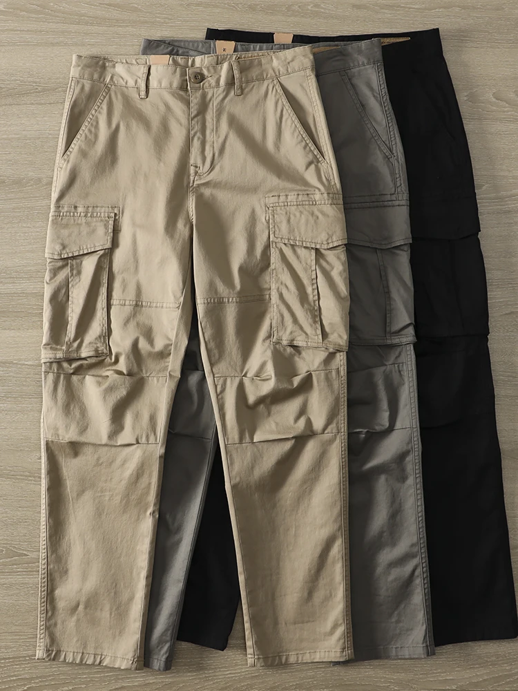 

2026 Весенне-осенние новые американские тканые брюки-карго из саржи в стиле ретро, мужские прямые повседневные брюки из хлопка 97% с несколькими карманами