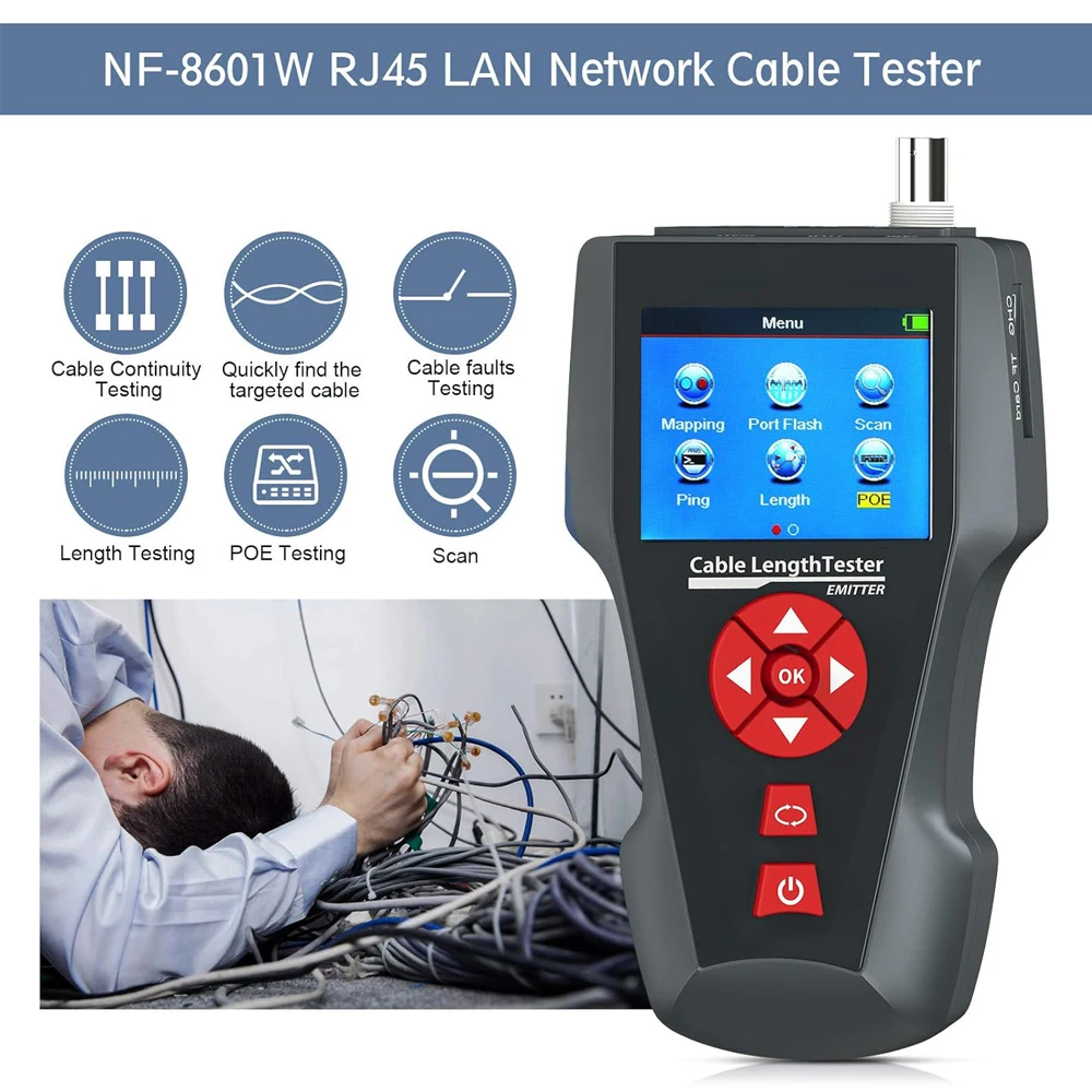 Noyafa-probador de Cable de red NF-8601, rastreador de Cable Ethernet con función PoE/PING, medida de longitud, probador de mapa de alambre,