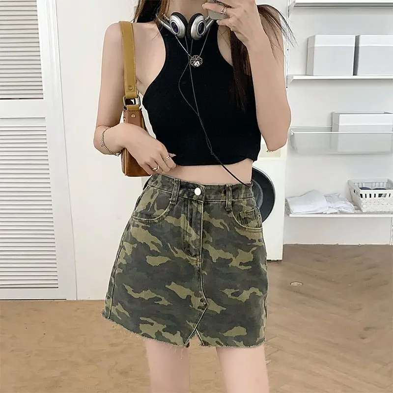 Denim Skirt Split Camouflage With Pockets High Street Woman 2024 Summer Skirt Women American Retro High Waist Mini Skirts