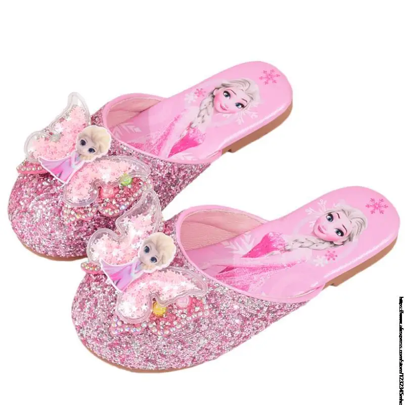 Disney Girls Shoes Butterfly Knot Frozen Elsa Flat-Heel Shiny Crystal Shoes Kids Leather Slippers Children\'s Single Shoes 25-36