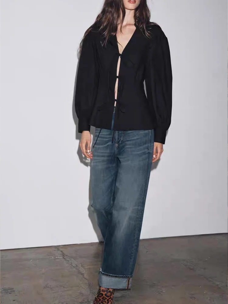 Estilo europeu nova moda feminina versátil temperamento cor sólida lapela manga longa arco decoração camisa de popeline