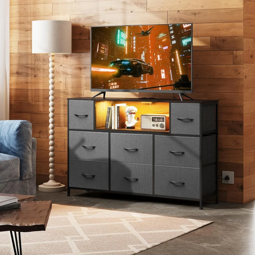 مركز ترفيه بإضاءة LED مع محطة شحن لأجهزة التلفاز مقاس 45-55 بوصة، وطاولة وحدة تحكم وسائط التلفزيون الحديثة