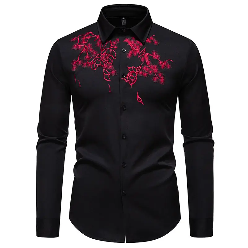 

Men's Long Sleeve Shirt with Floral Embroidery Notch Lapel Casual Streetwear Formal Shirts Flower Embroidered Design Clothing