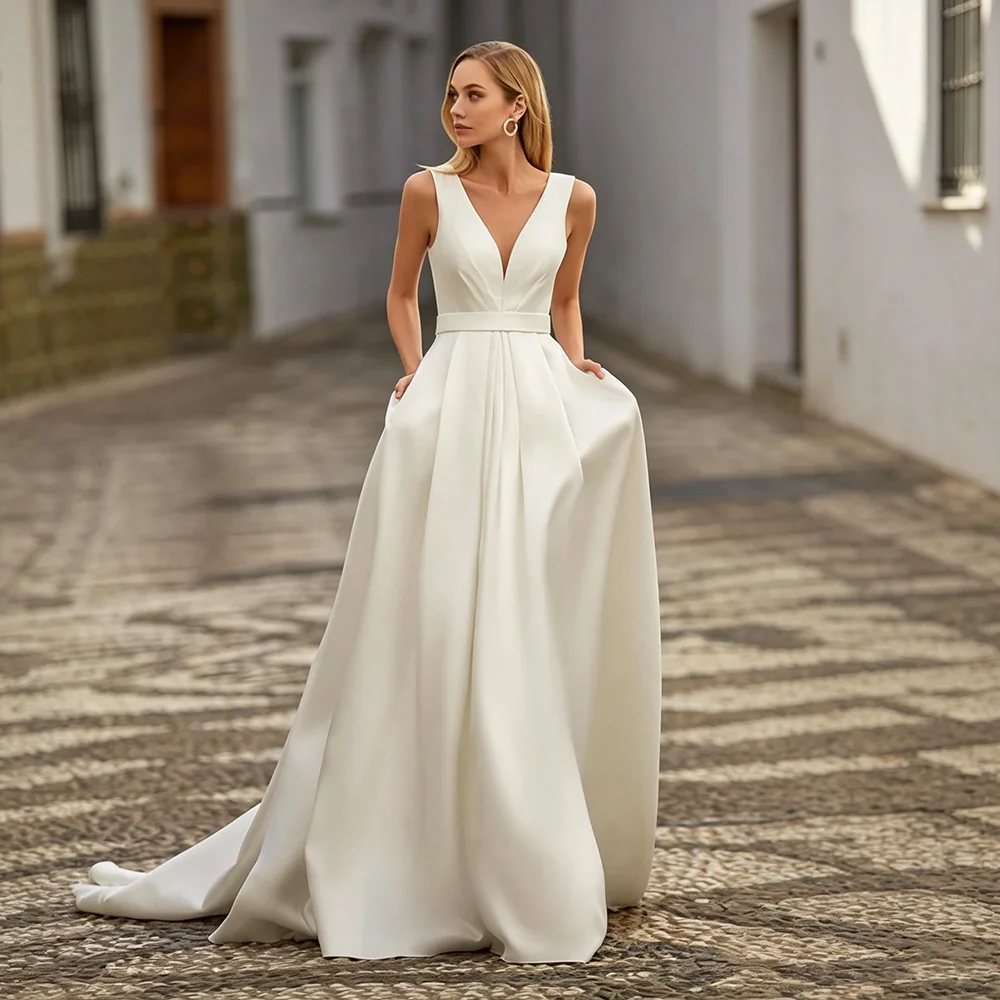 Minimalist Satin Wedding Dress Deep V Neck Sleeveless A-Line Bridal Gown Button Design Court Train Bride Wedding Dresses Custom