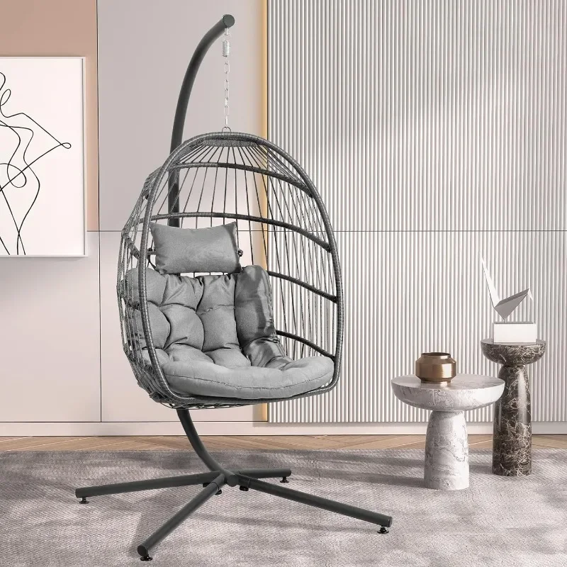 Egg Chair with Stand, Hanging Egg Swing Hammock Chair with Stand, Indoor Outdoor Wicker Egg Chair with Cushion Headrest