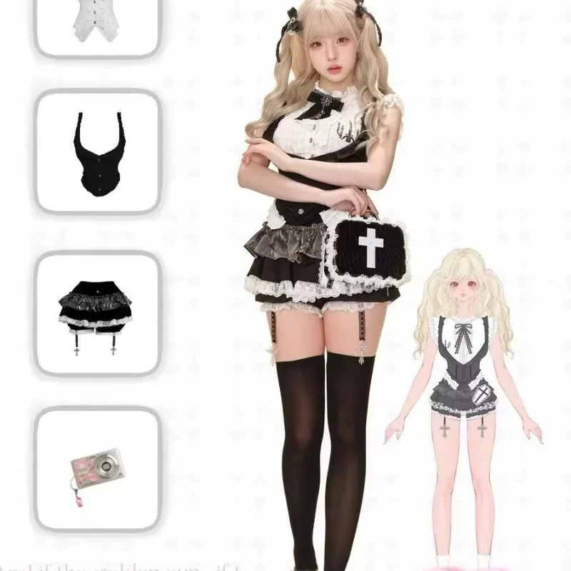 고딕 레트로 컬리지 스타일 슬림 여성용 의상, 리본 셔츠 + 레이스 베스트 + 미니 케이크 스커트, 신상 패션 스윗 빈티지 3종 세트 (2025)