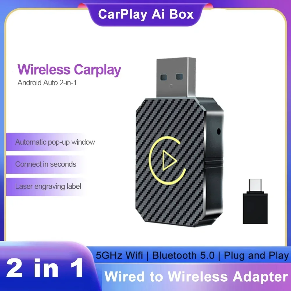 2 in 1 Wireless CarPlay Adapter & Android Auto Wireless Adapter, Type-C/USB Plug & Play Carplay Wireless Adapter Auto Connect