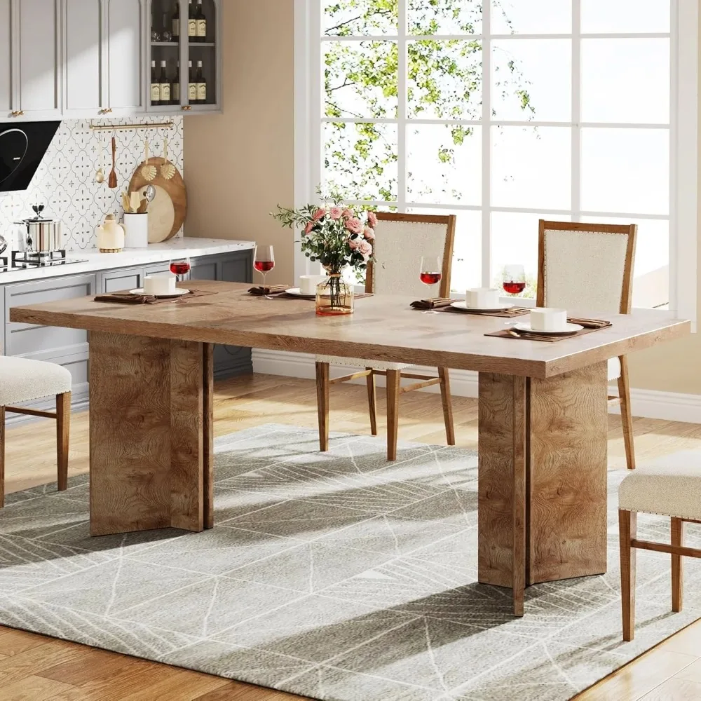 

63" Dining Table for 4-6, Wood Farmhouse Kitchen Table for Dining Room, Oak Brown