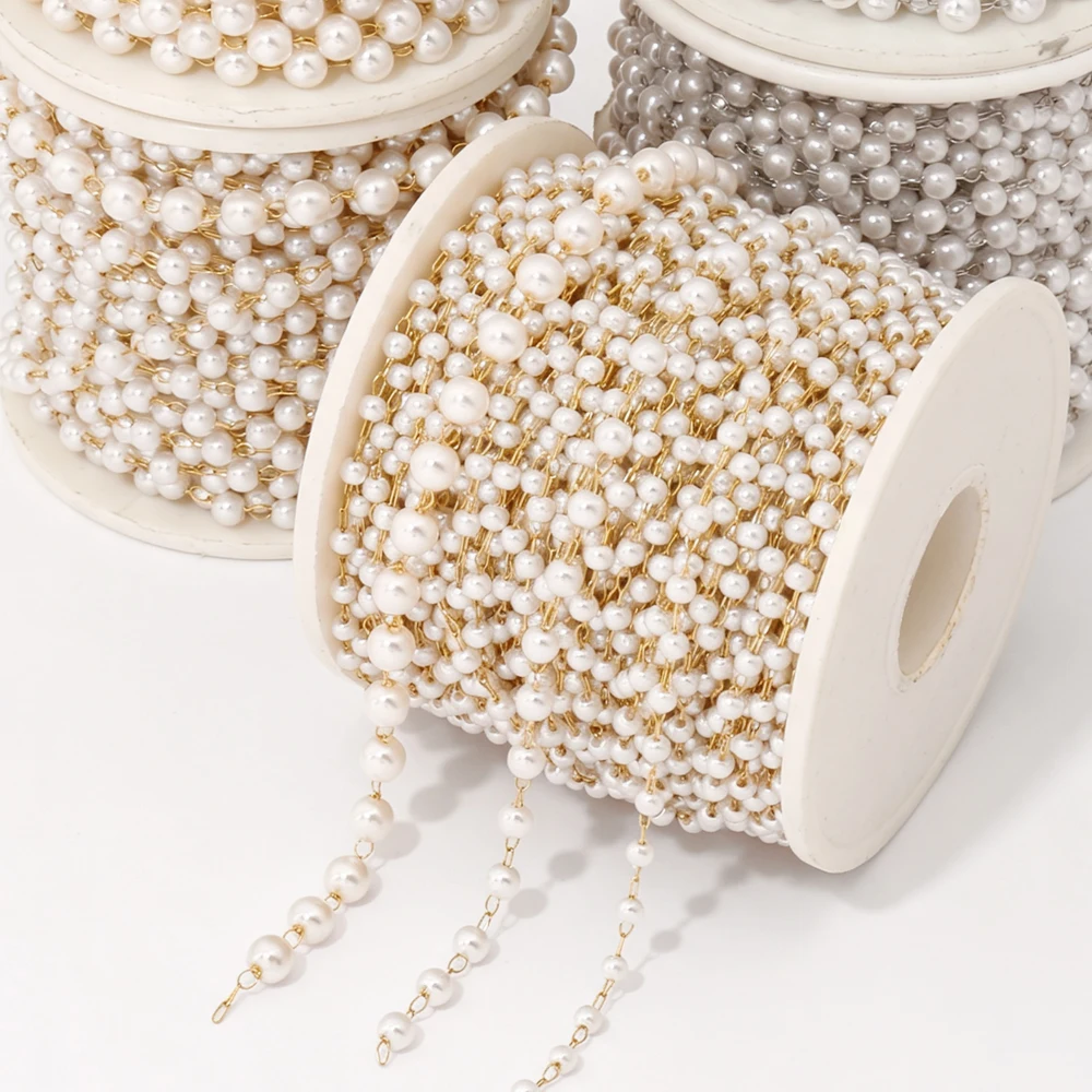 100cm Stainless Steel Imitation Pearl Beaded Cable Chain Findings for Jewelry Making DIY Necklace Bracelet Accessories