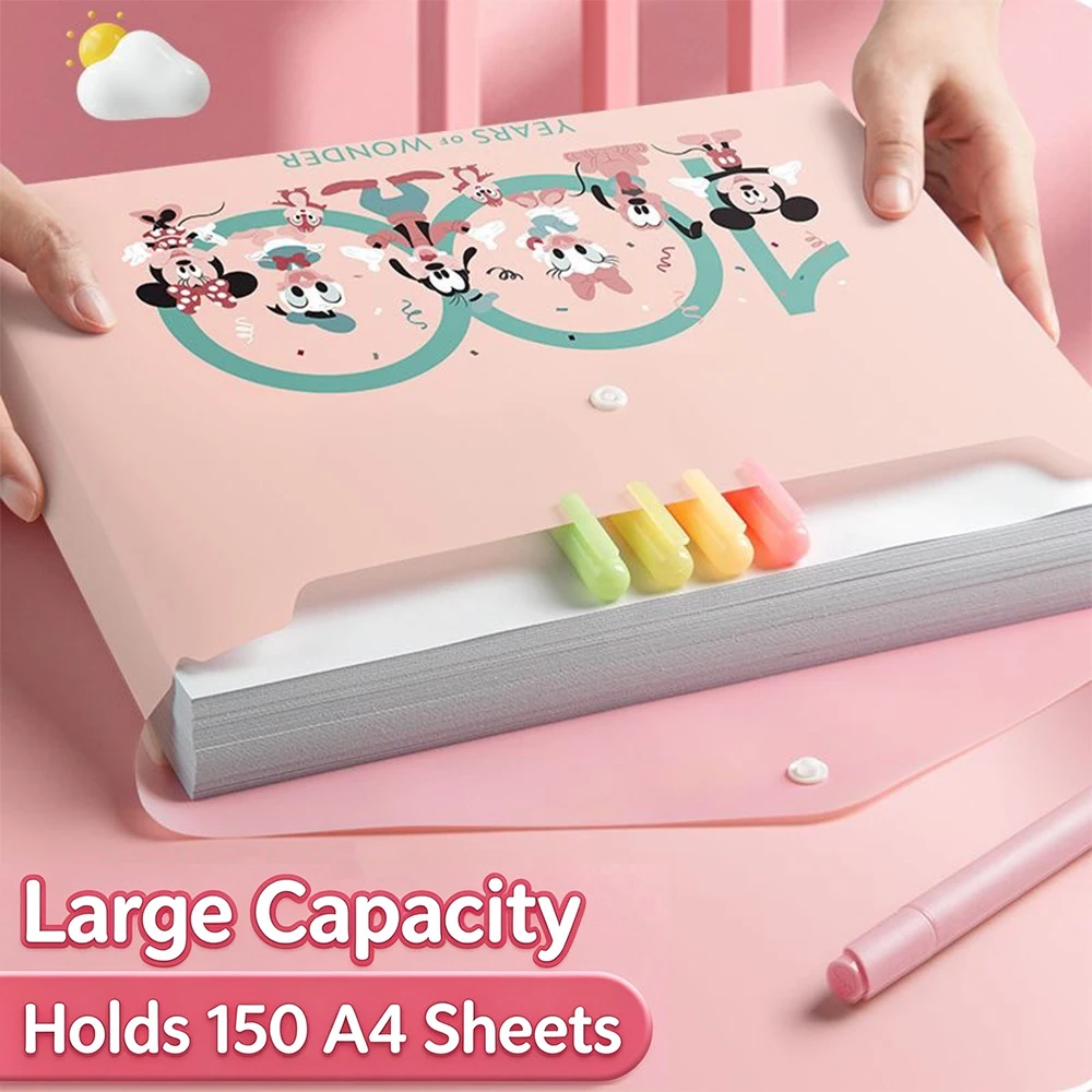 5Pcs Mickey Series Cartoon Snap Button Folders, Paper Organizers for Students, Colorful Document Holders