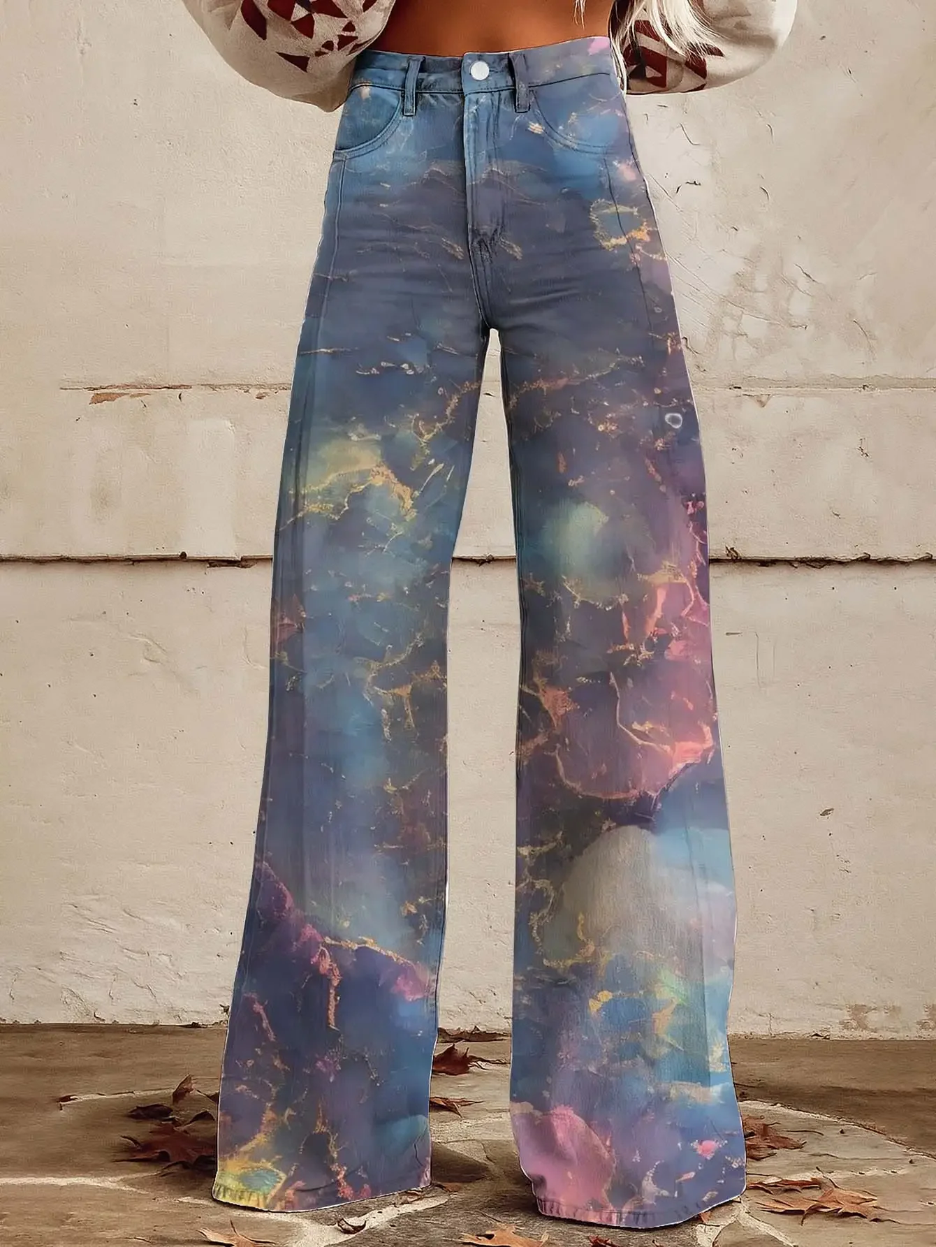 Women's new printed jeans with denim like fabric, casual and fashionable, Red background and leopard print combination
