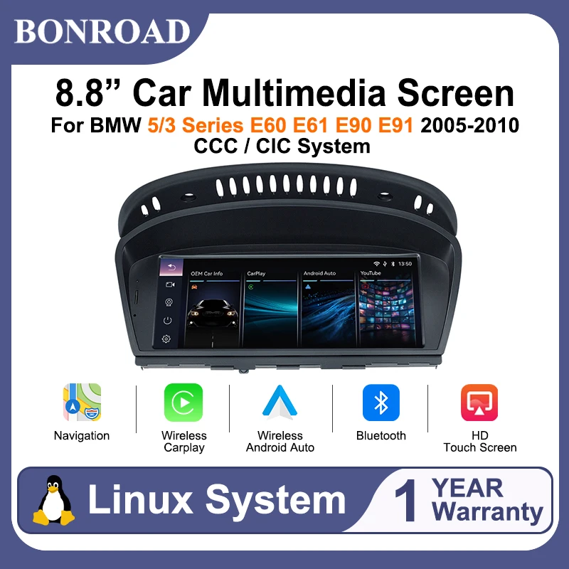BONROAD Schermo Multimediale per Auto da 8,8 Pollici con Linux e CarPlay per BMW Serie 3/5 E60 E90 2005-2012, Lettore Android Auto per Radio Auto