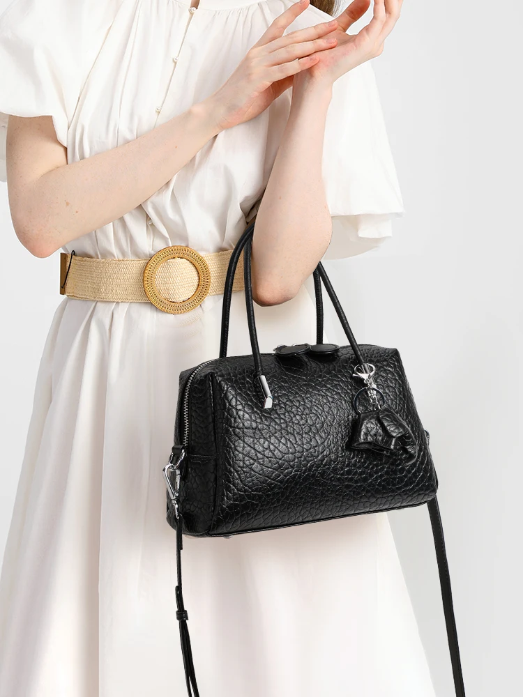 

Black Textured Leather Satchel Handbag with Charm