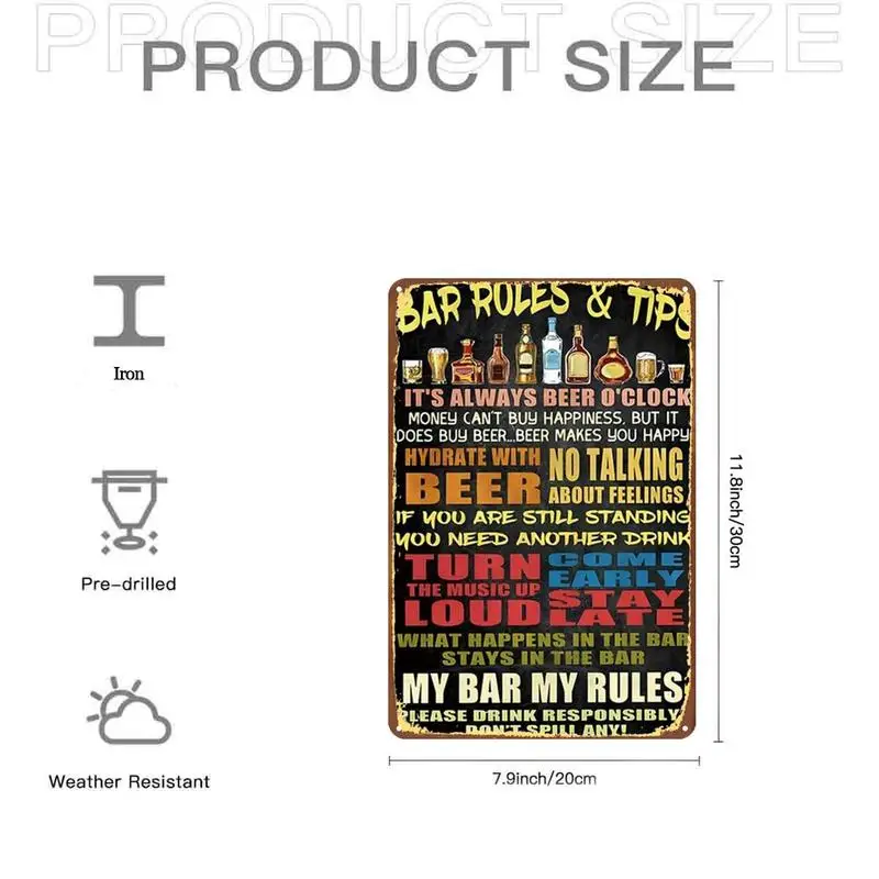 Fun Bar Rules and Tips Metal Sign，Pre-drilled holes，Suitable for indoor use、Garden、Outdoor、Family、Office