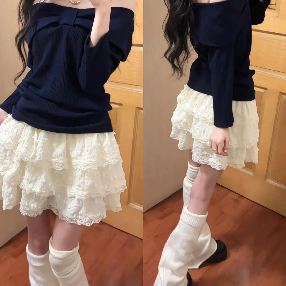 

Korean Sle Semi-Body Skirt Heavy Embellied Lace Trim Puffy Cake Skirt Sweet Girl's Faion High Waist Polyester Fiber