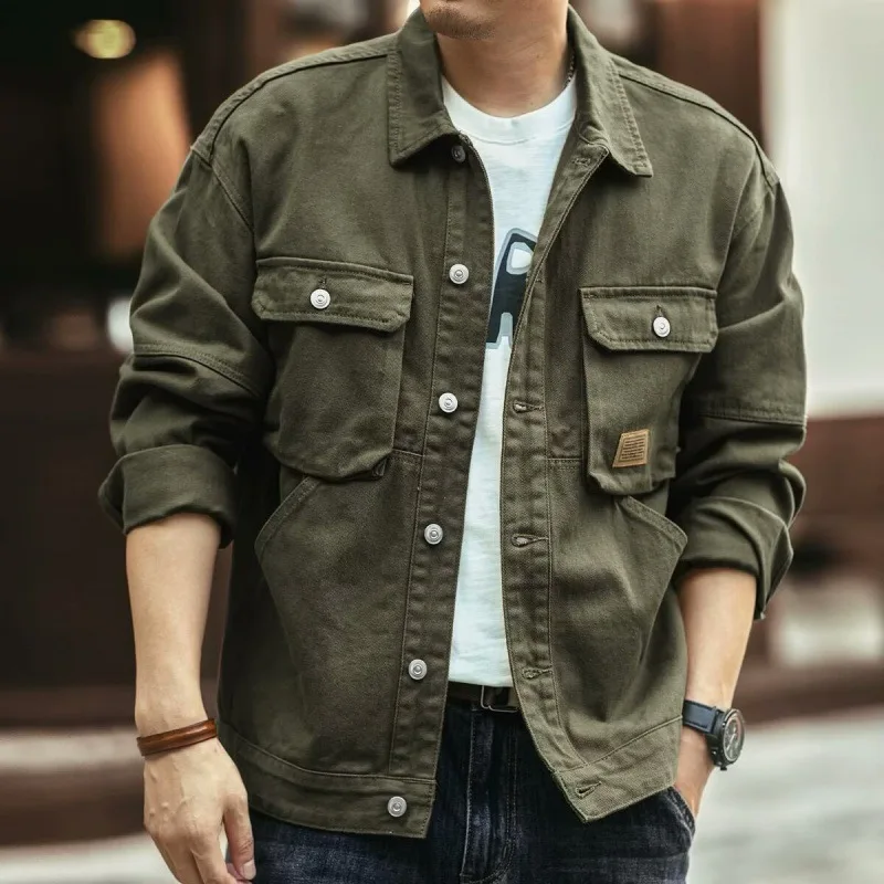 Autumn Winter Men's American Style Button Jacket Fashion Washed Turn Down Collar High Quality Multiple Pockets Workwear Coat