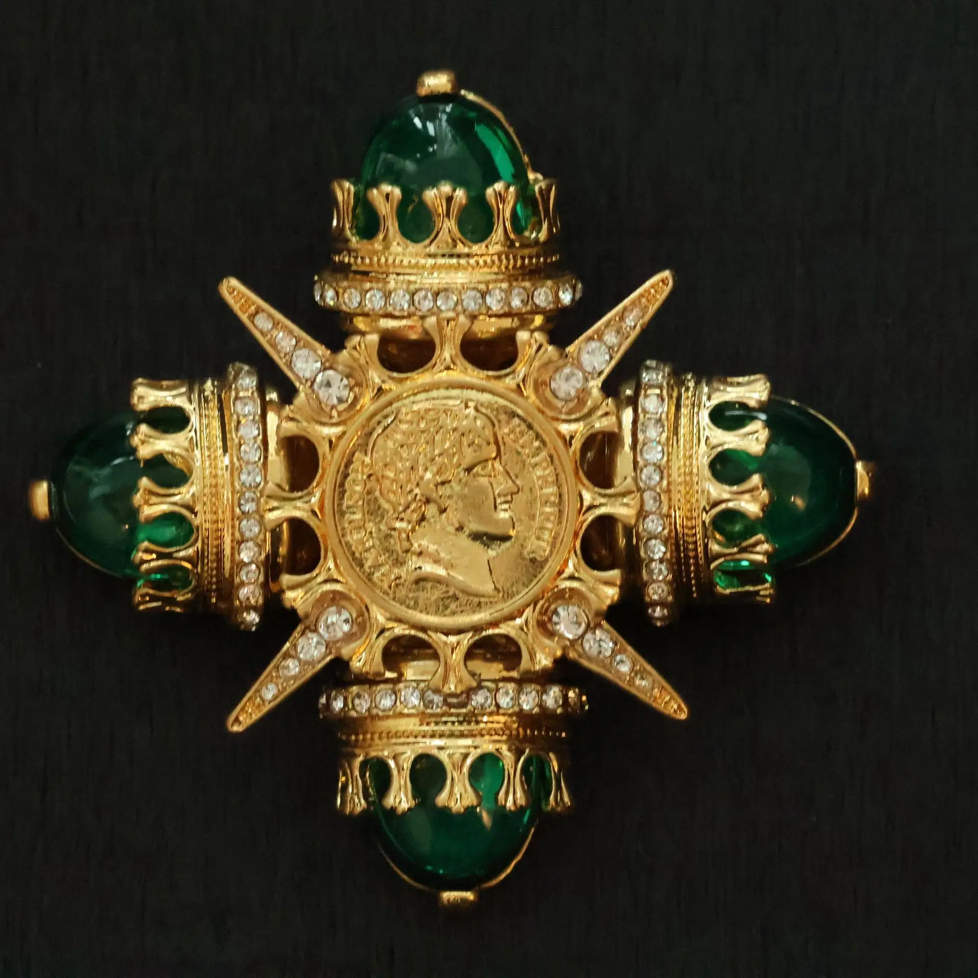 Vintage Maltese Cross Brooch Gold‑Tone Coin Relief Green Cabochon CZ Crown Pave Lapel Pin Women Costume Jewelry
