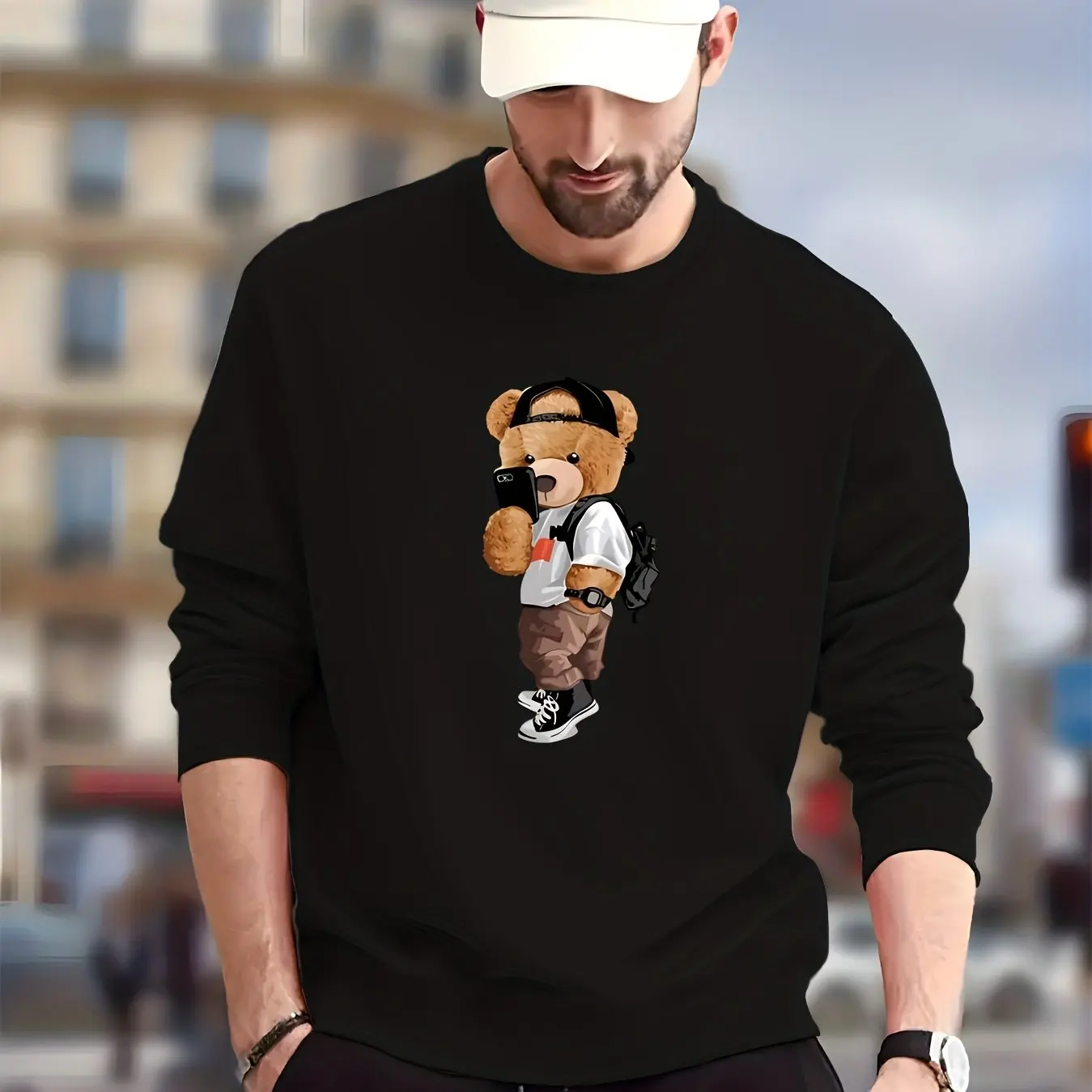 Men\'s Stylish Teddy Bear Print Sweatshirt - Casual Graphic Design Crew Neck Pullover for Autumn/Winter