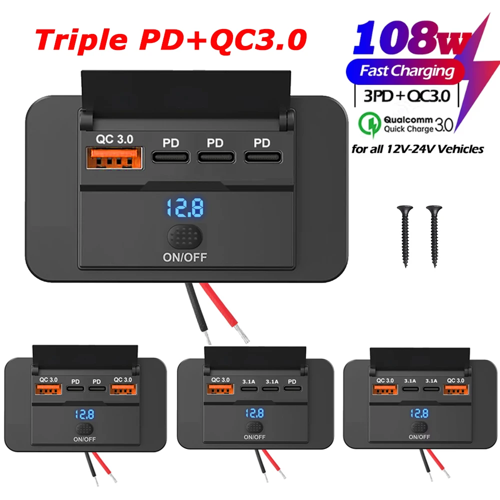 108W 12V RV USB-Steckdosenpanel QC3.0 & PD3.0 Schnellladebuchse mit Schalter & LED-Voltmeter für Boot, ATV, Motorrad