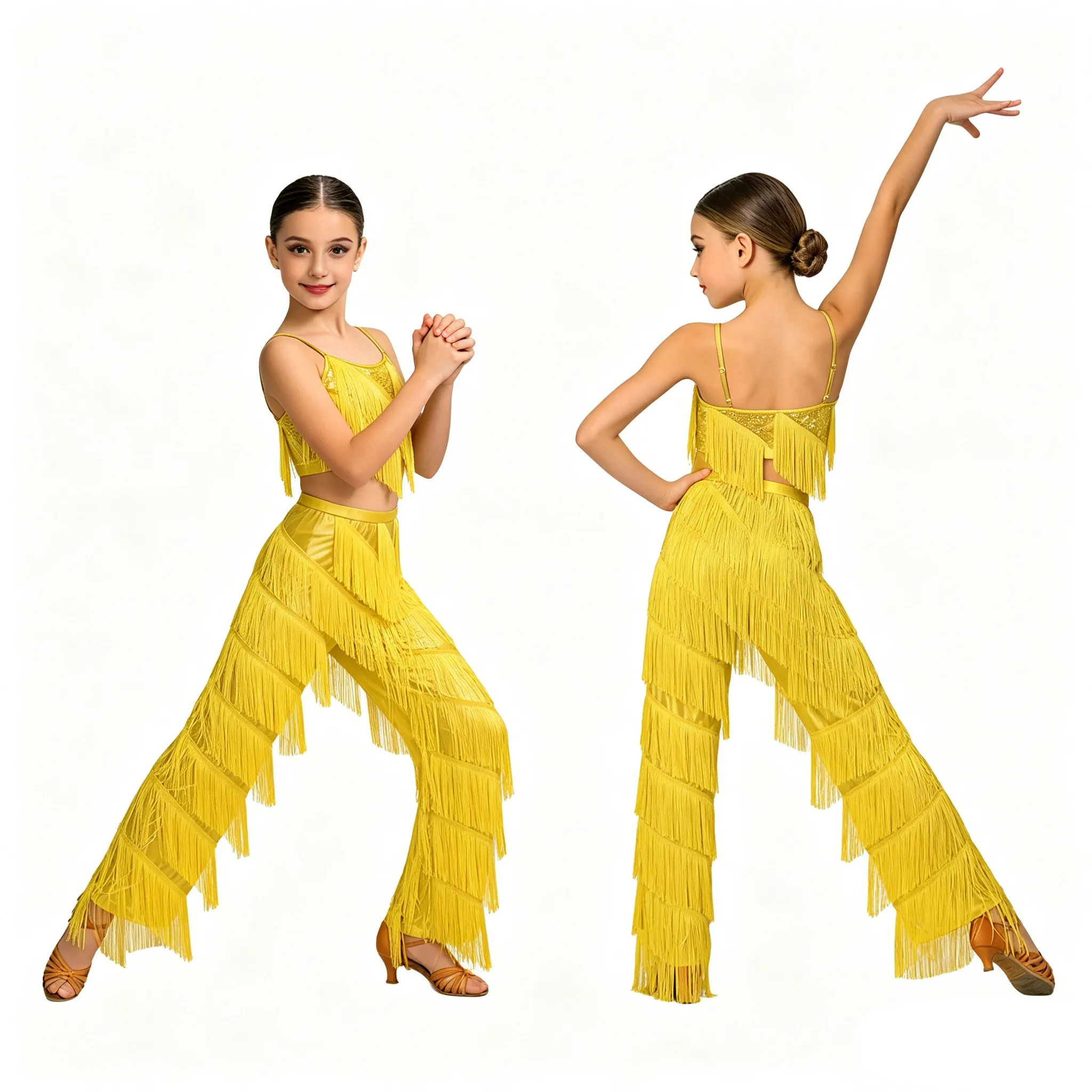 Children Girls Disco Latin Dance Costume Cha-cha Tango Samba Rumba Ballroom Salsa Dancewear Tassel Crop Top with Metallic Pants