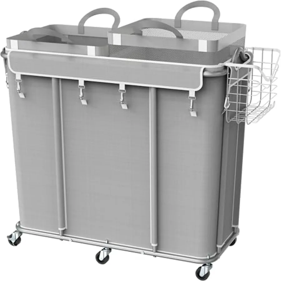 

Extra Large 2 Section Rolling Laundry Cart 265L 70 Gal Heavy Duty Hamper with 2 Removable Bags and 6 Smooth Wheels Commercial L