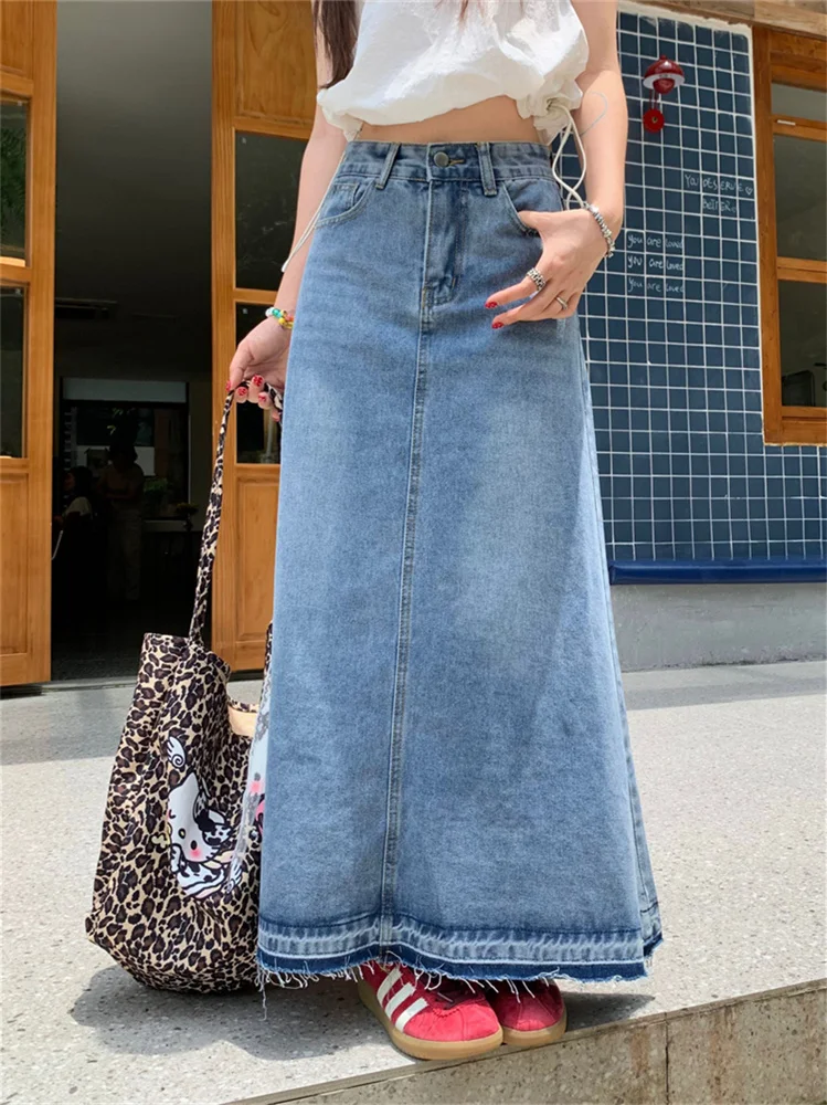 S-XL Blue Long Denim Skirts 2024 korean style Loose Vintage High Waist Tassel A Line Long Jeans Skirts Style (SA073