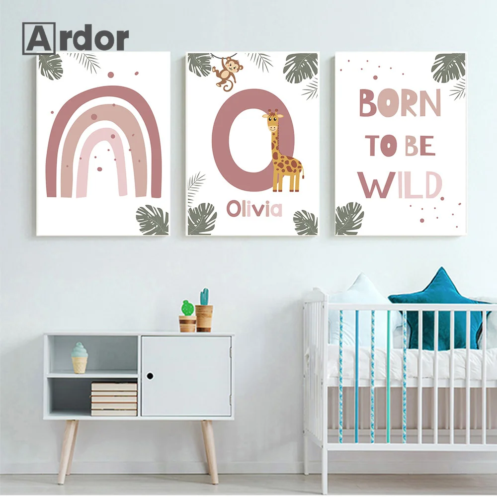 Nordic Jungle Animal Posters Custom Name Canvas Painting Rainbow Wall Art Print Nursery Poster