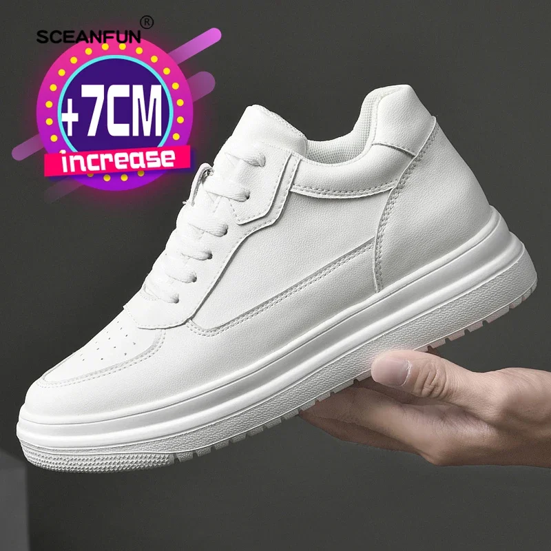 

Genuine Leather New Elevator Shoes Men Sneakers Summer Hidden Heels Heighening Shoes For Male Wedges 7CM Board Height Shoes