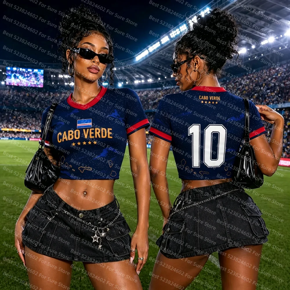Y2K Women t-shirt Cabo Verde Letter Tops Striped Cuff Ringer T Shirt Summer Football Match Fans Casual Short Sleeve Jersey
