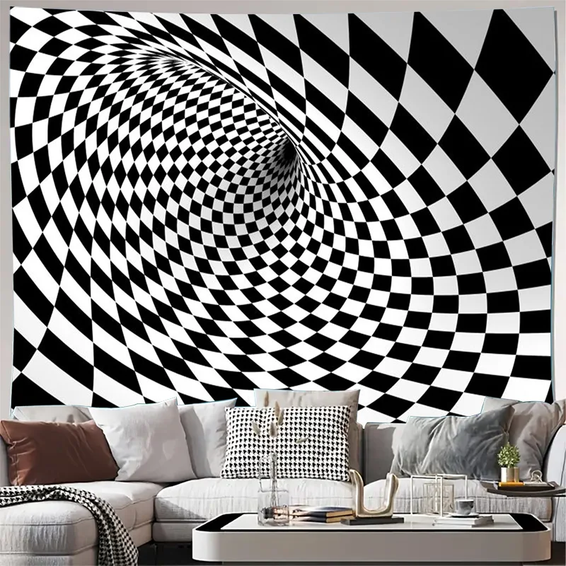 

Modern Optical Illusion Wall Art Black & White Checkered Abstract Design for Living Room Decor – Extra Large Wall Poster Print b