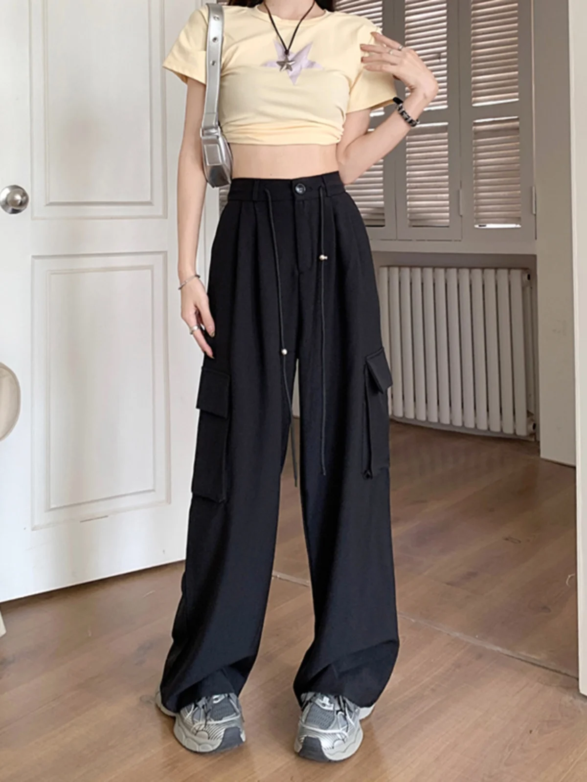 High Waist Drawstring Workwear Casual Pants Women Summer Korean Version 2024 New Design Loose Wide Leg Pants American Style